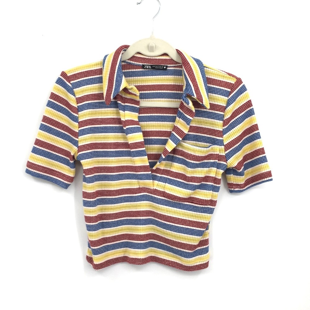 Zara 70s style retro kidcore collared short sleeve top primary color stripes S